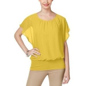 JM Collection Top Womens Sz Large Yellow Flutter-Sleeve Career Scoop Neck Blouse